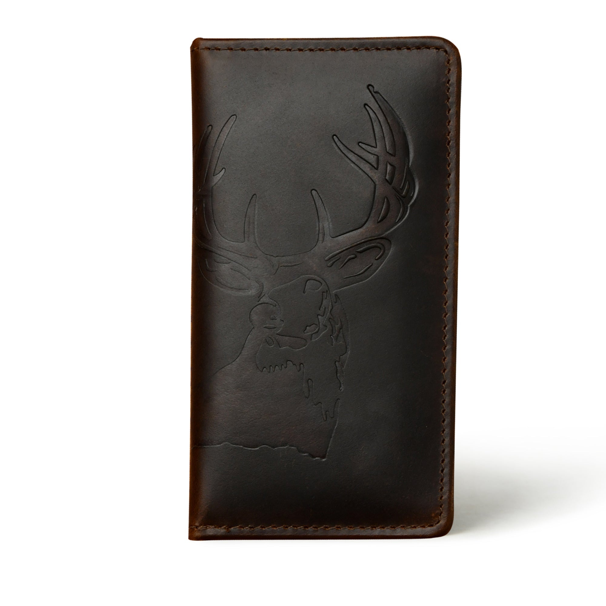 Brown leather bifold checkbook cover for men with an embossed deer head design.