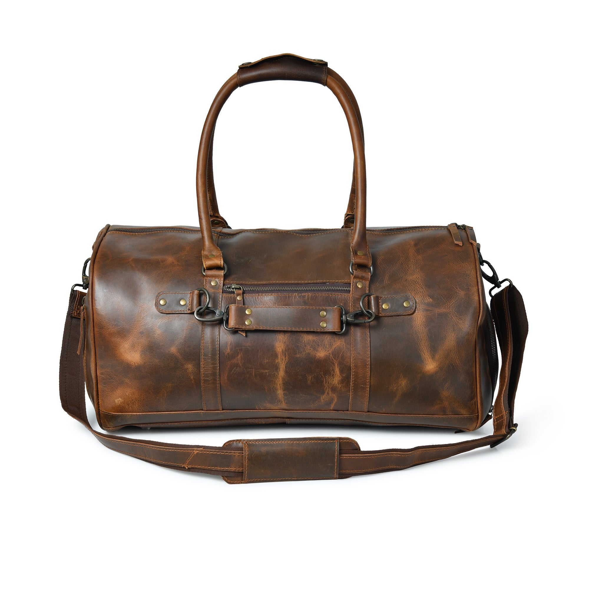 Stylish brown leather duffle bag with a detachable shoulder strap, perfect for travel or weekend getaways.