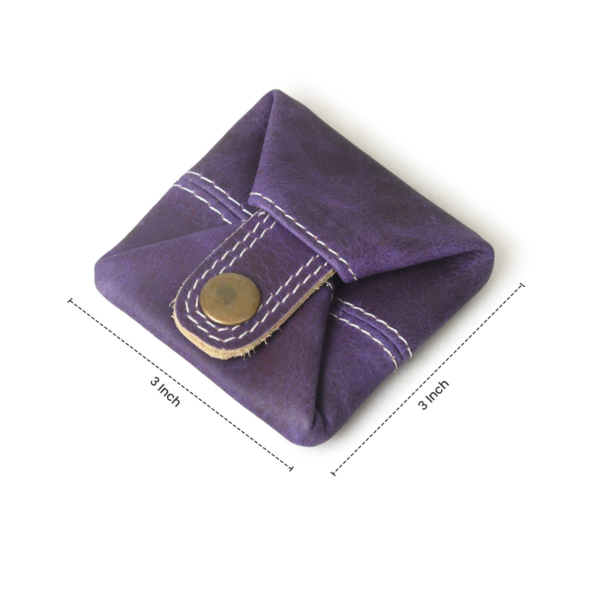 A small, square, purple leather coin purse with a snap closure, laying flat.