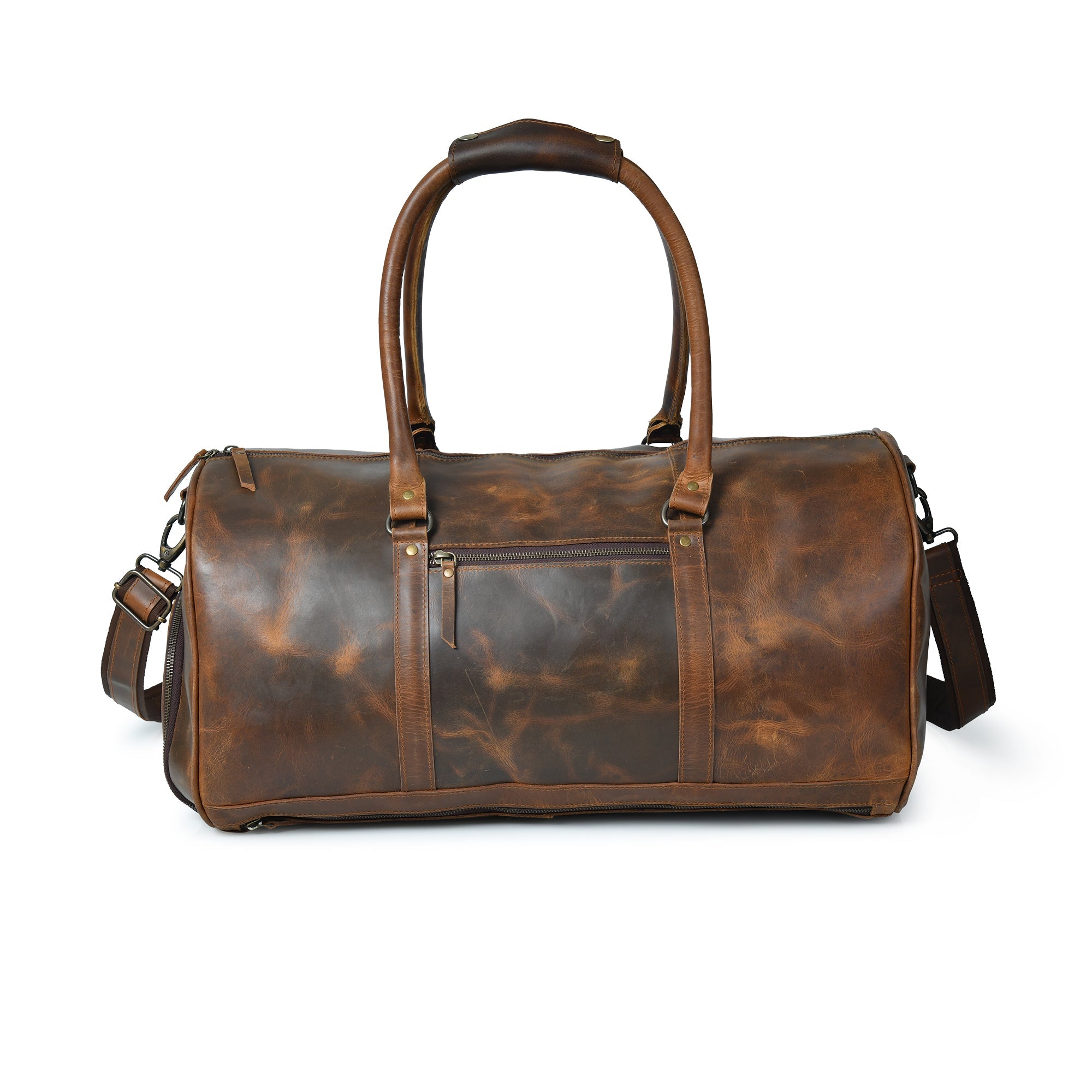 A stylish brown leather duffle bag with a detachable shoulder strap, perfect for travel. This premium men's bag features a dedicated shoe compartment.