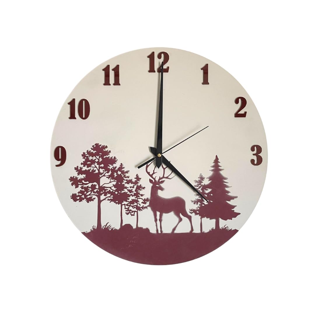 Maroon and white 18-inch analog wall clock with minimalist deer and forest design for home or office.