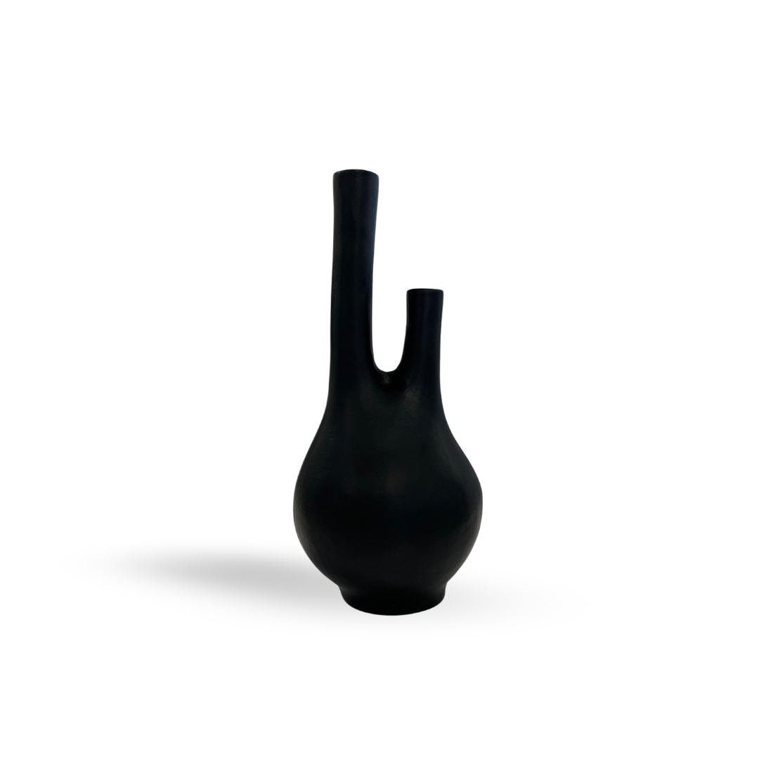 Double Neck Matte Black Aged Metal Vase | Hand-Made Flower Vases for Home Decor