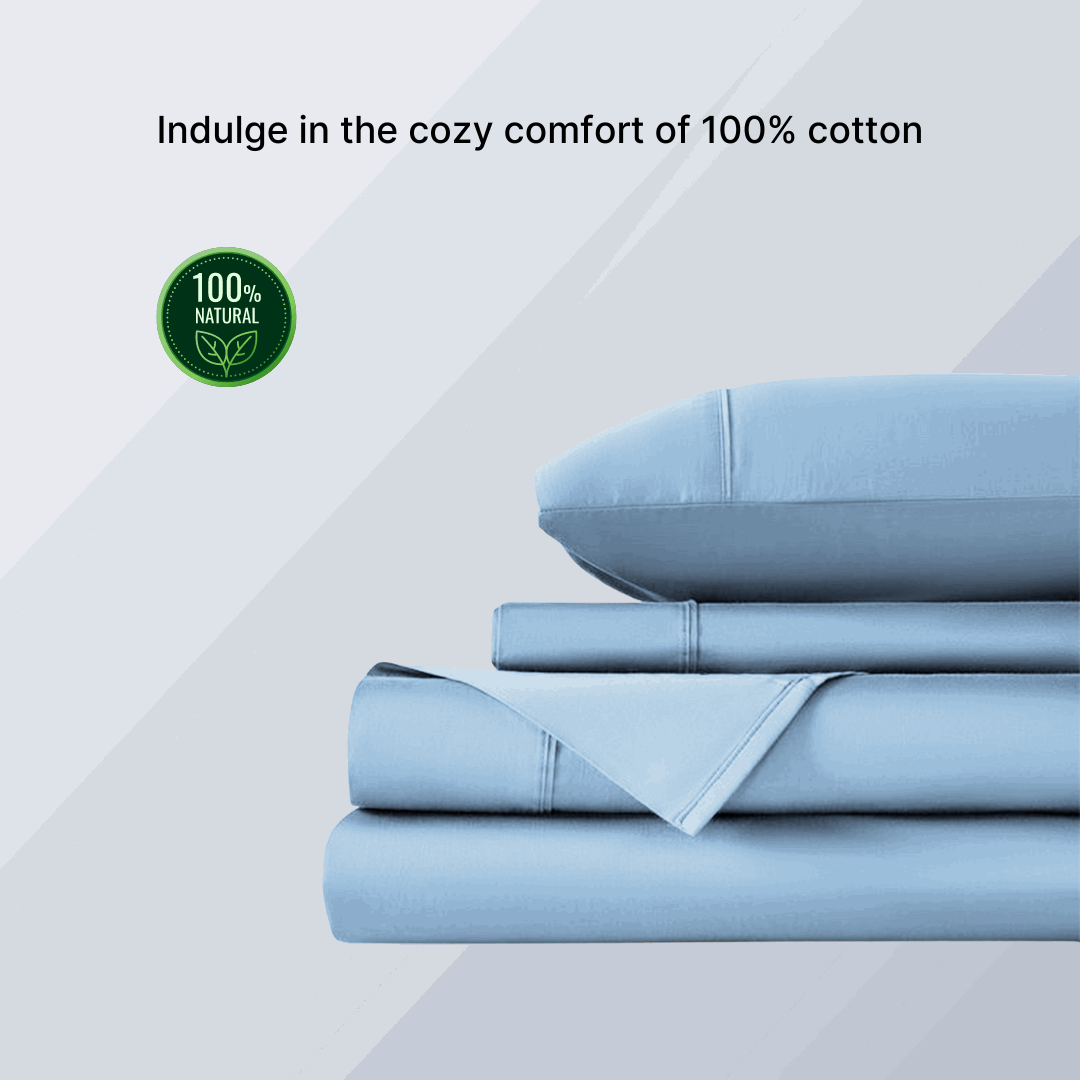 100% Egyptian cotton bed sheets in grey, neatly folded. 300 thread count, queen size, for a comfortable night's sleep.