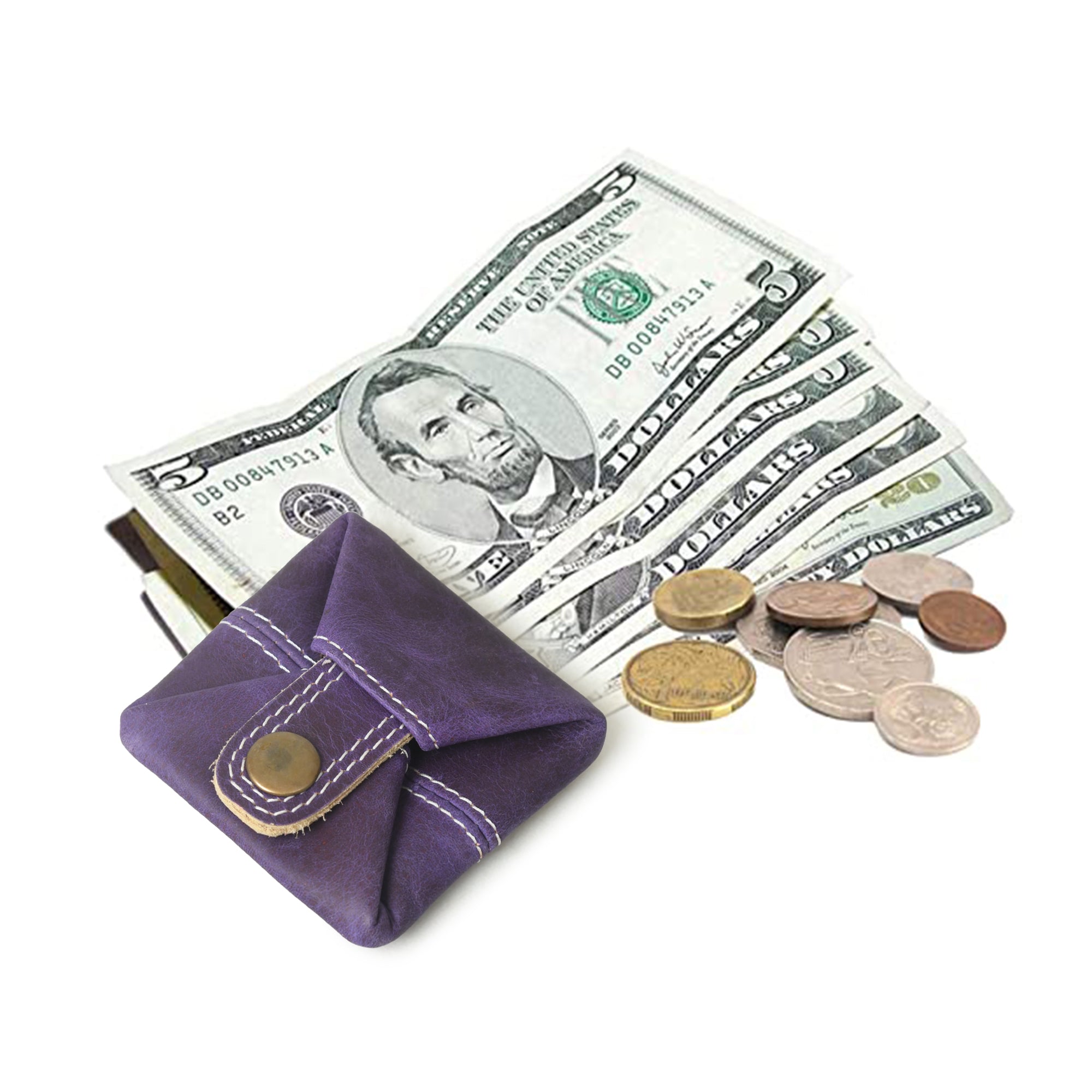 Purple leather coin pouch with a snap closure, shown with cash and coins.