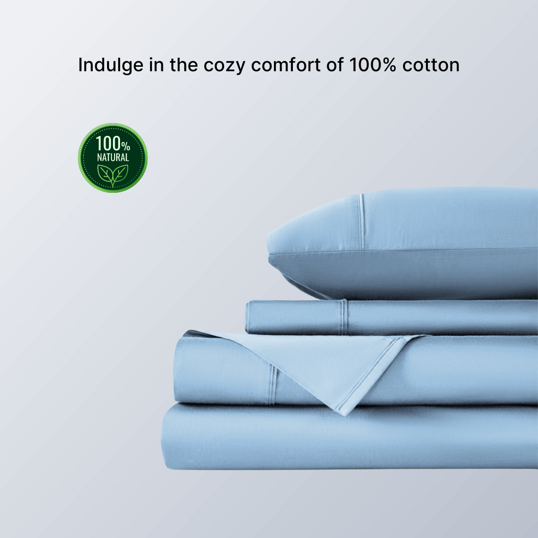 Soft, breathable, 300 thread count, grey Egyptian cotton king size bedsheet set with two pillowcases, neatly folded.