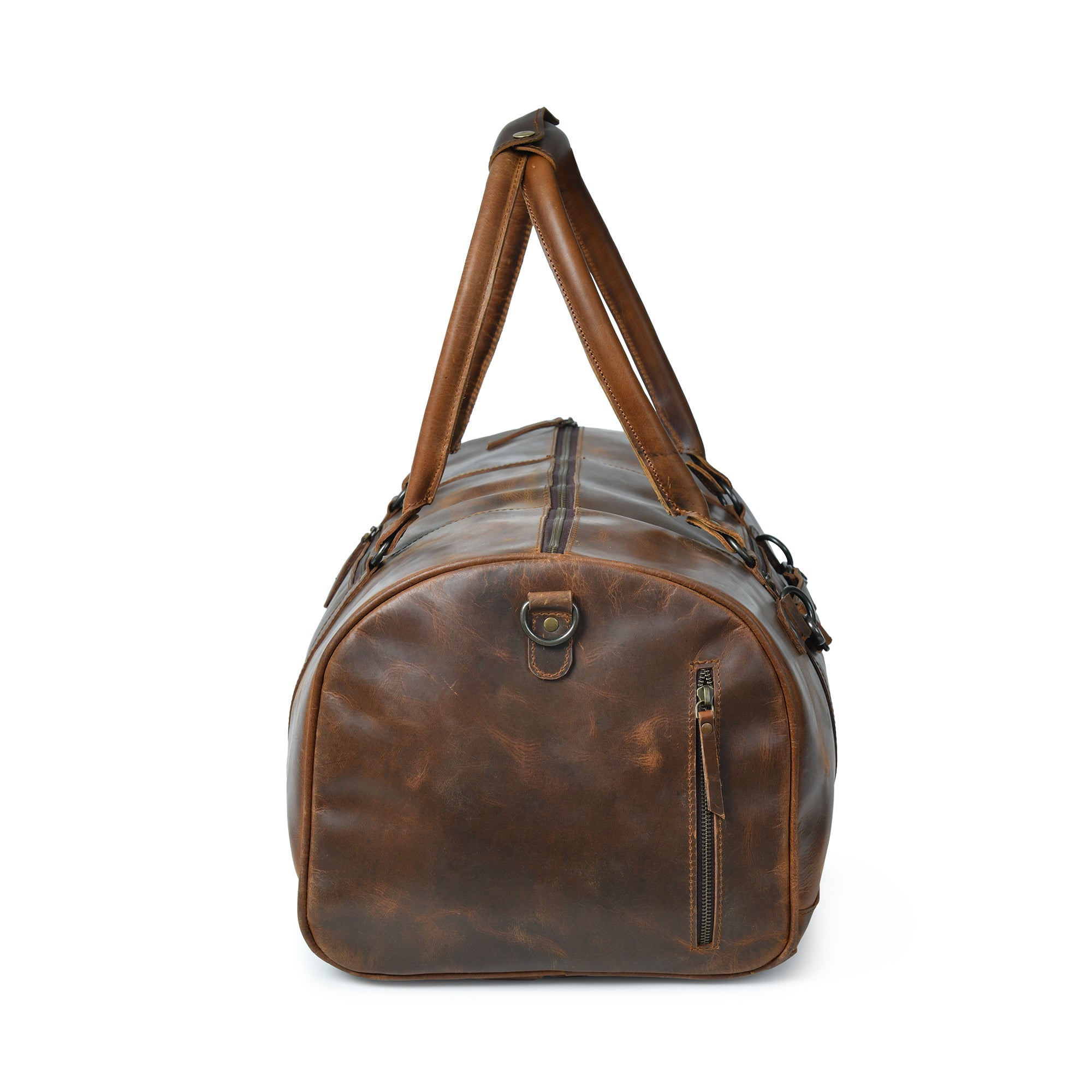 Stylish brown leather duffle bag with a side view, showcasing its durable handles and spacious design. Perfect for travel.