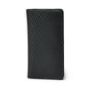 A sleek, black leather bifold wallet stands upright, showcasing its minimalist design and textured carbon fiber pattern.