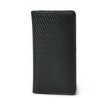 A sleek, black leather bifold wallet stands upright, showcasing its minimalist design and textured carbon fiber pattern.