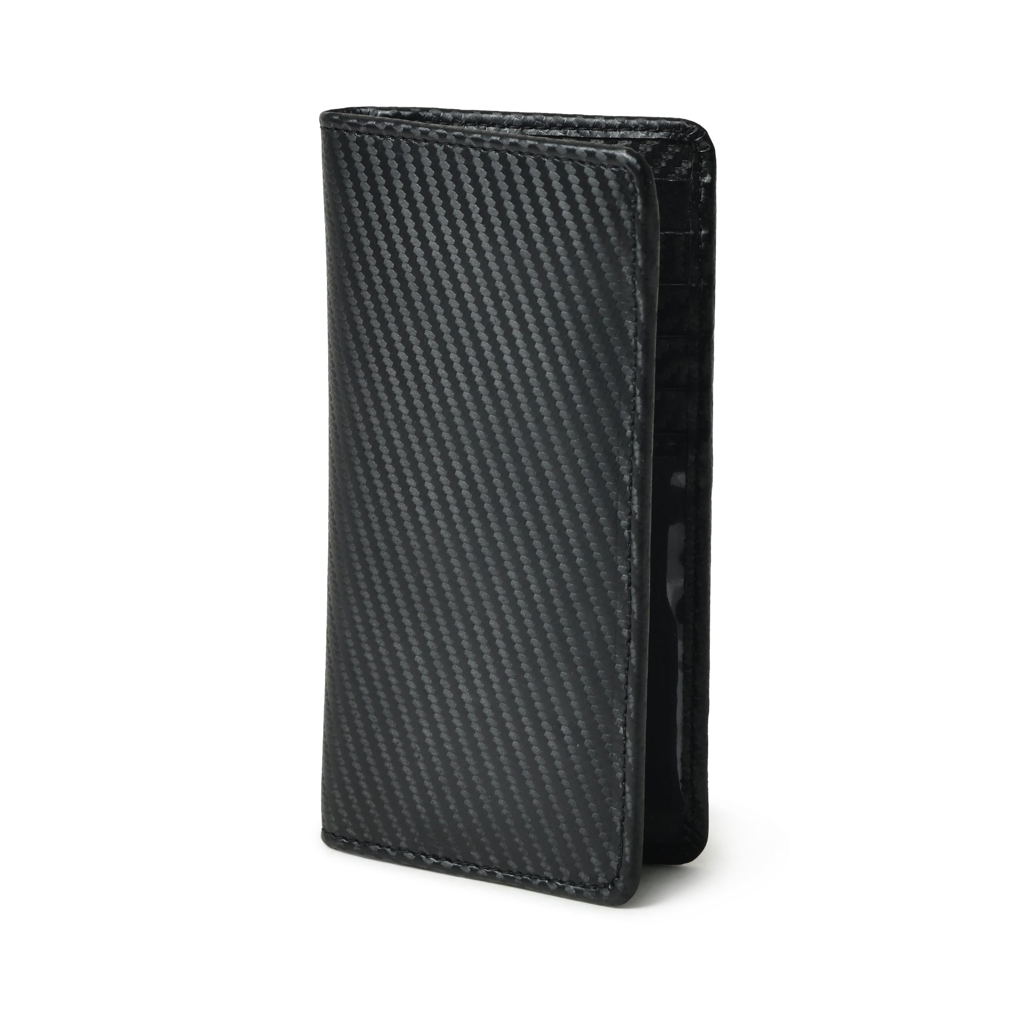 Sleek black minimalist bifold leather wallet with RFID blocking technology, standing upright on a white background.