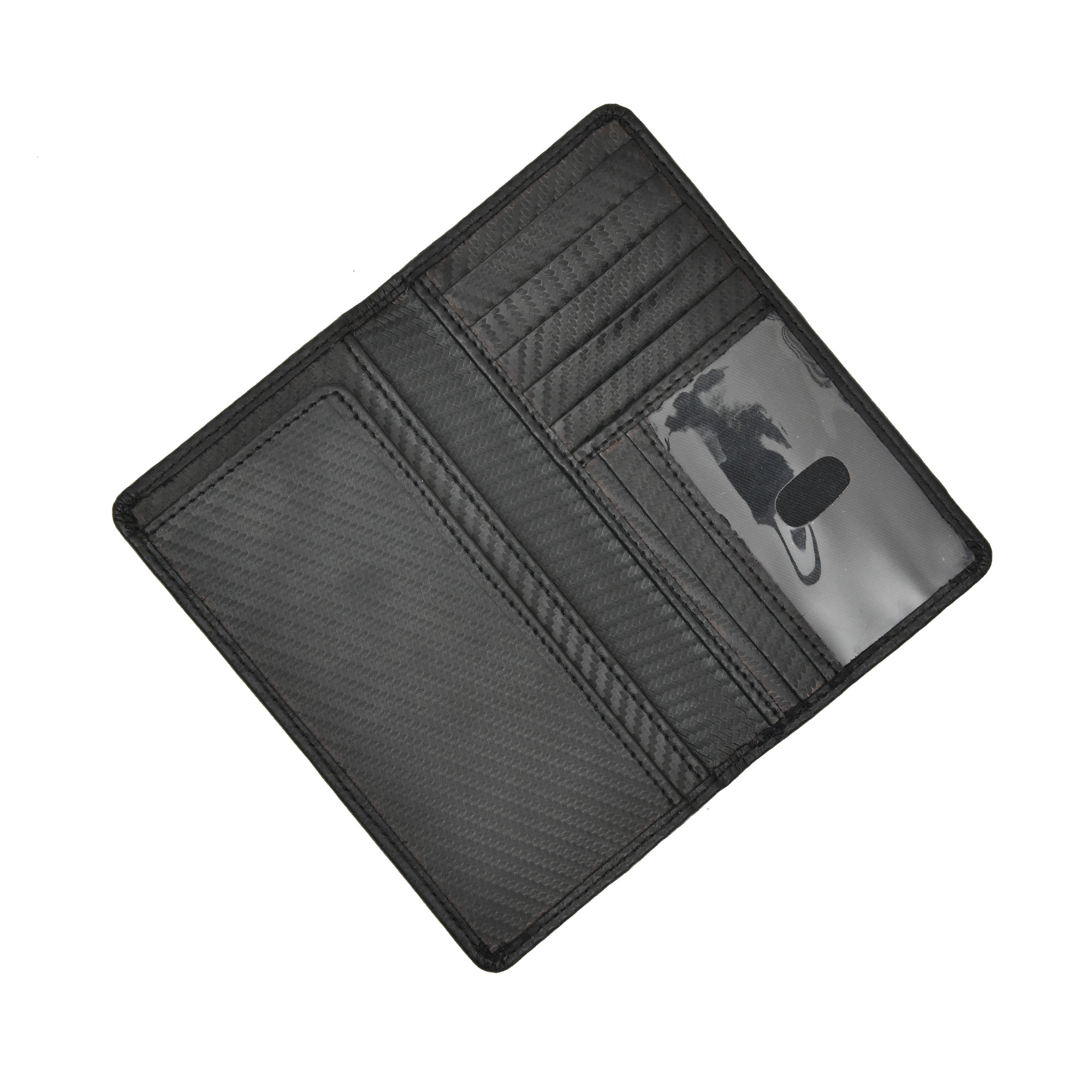 Open black leather bifold wallet with RFID blocking technology, displaying multiple card slots and a clear ID window.