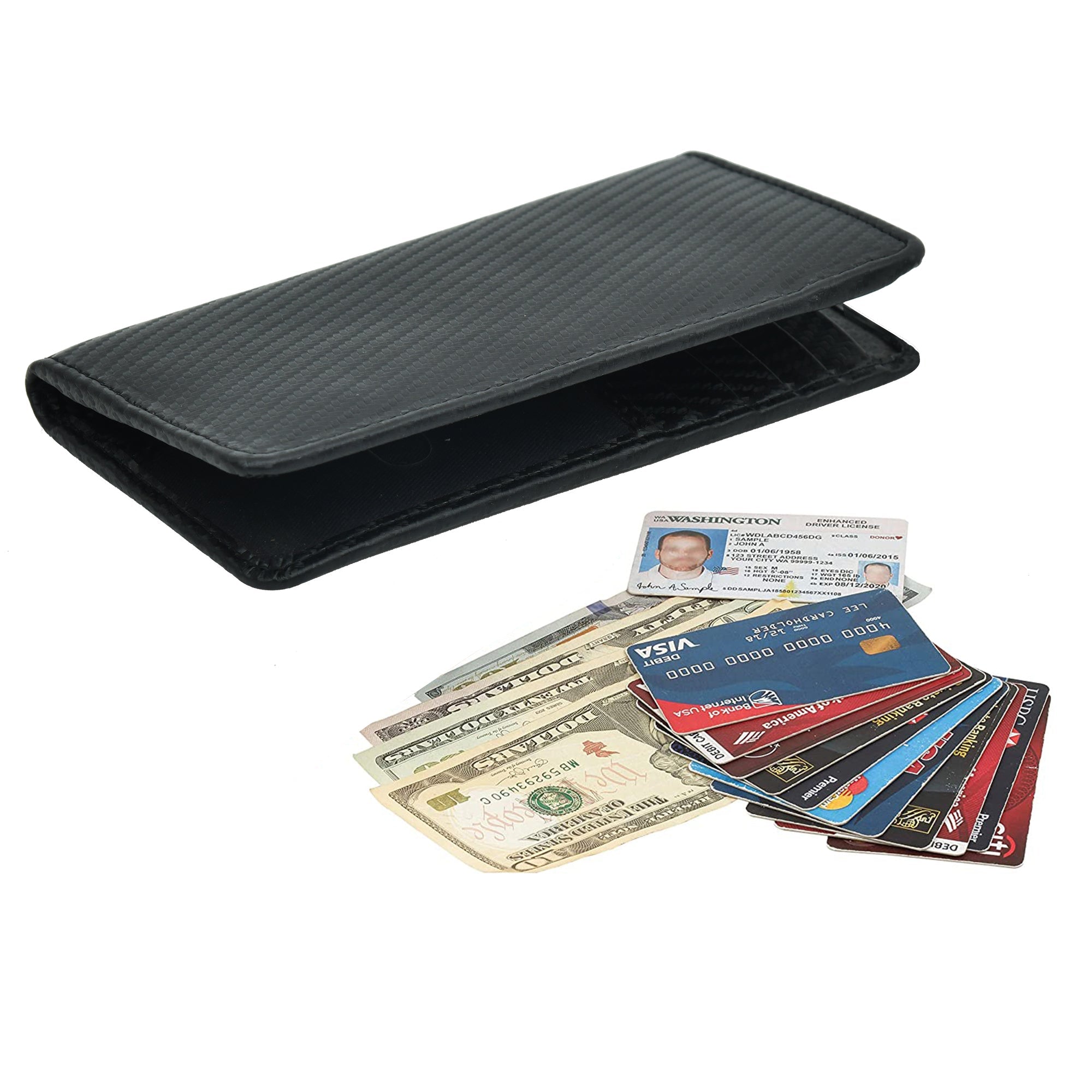 Black leather RFID blocking wallet, shown open and filled with cash and credit cards, demonstrating its slim profile.