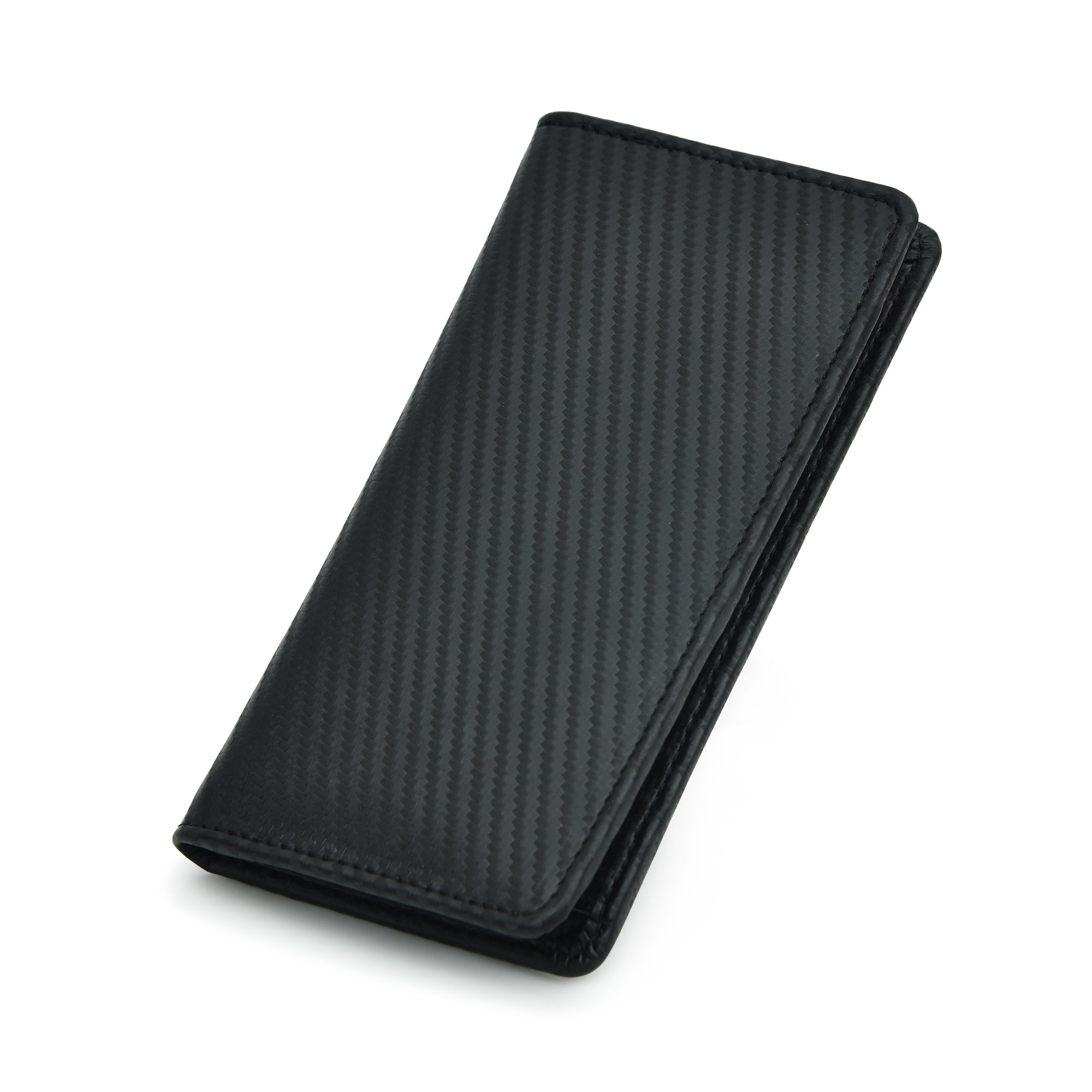 Black minimalist bifold leather wallet with RFID blocking technology, lying flat on a white background.