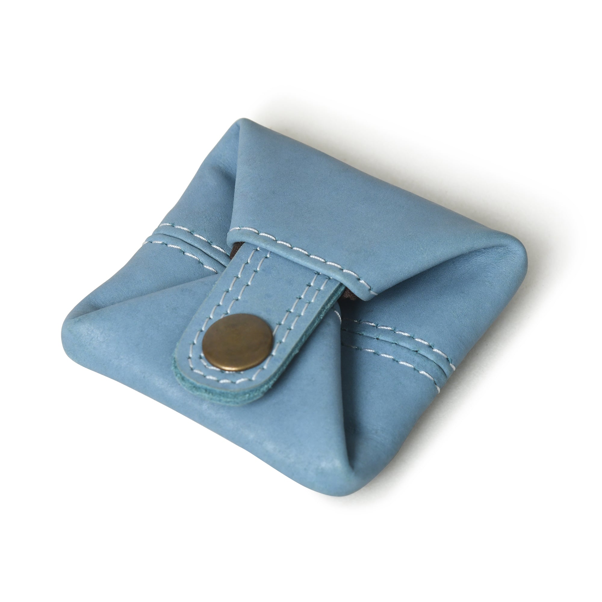 Stylish Slim Premium Leather Coin Pouch in blue. This compact coin purse features a secure snap closure and white stitching detail.