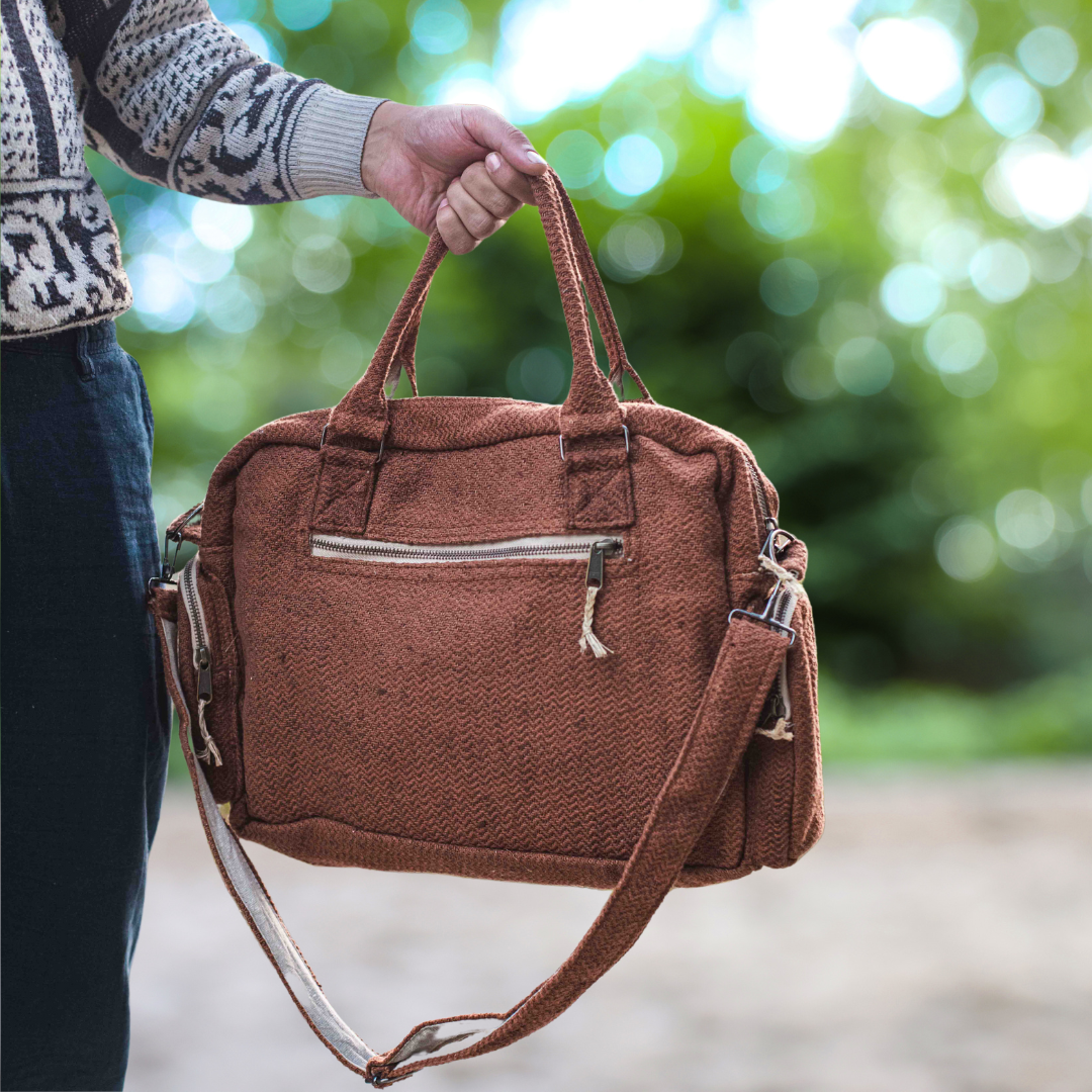 Stylish brown Himalayan hemp laptop side bag with adjustable strap, perfect for eco-conscious individuals.