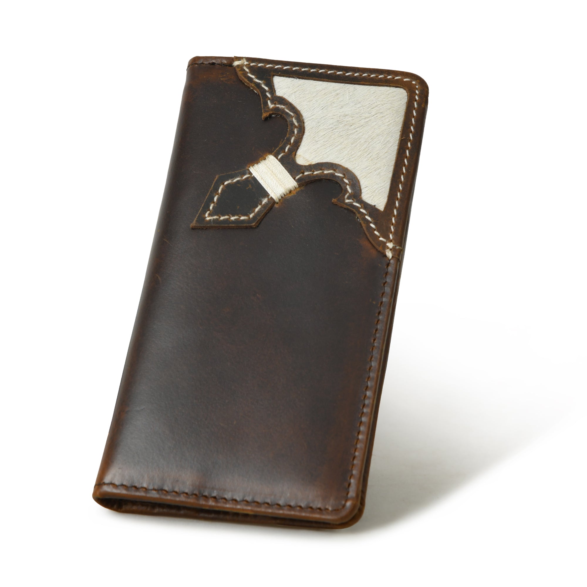 Slim, brown leather bifold men's wallet with white leather accent and stitching detail, shown standing upright.