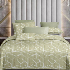 Geometric Pattern King Size Bedsheet with 2 Pillow Covers | Pure Cotton Bedding Set (108 x 108 Inches, Sage Green)