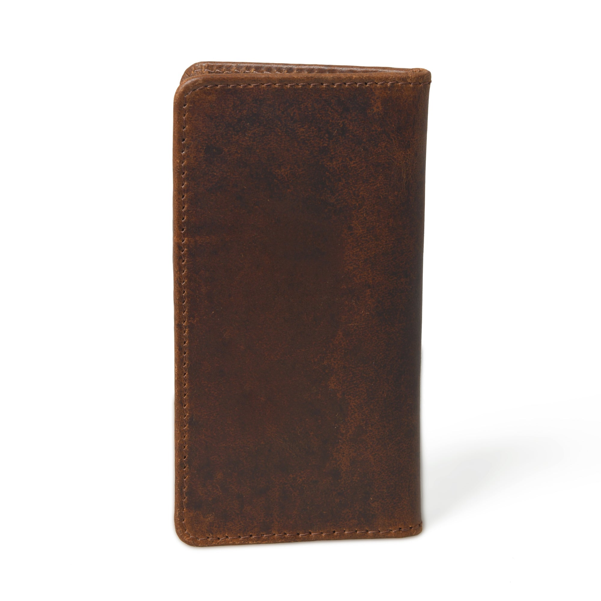 A brown leather men's bifold wallet stands upright, showcasing its rich texture and slim profile.