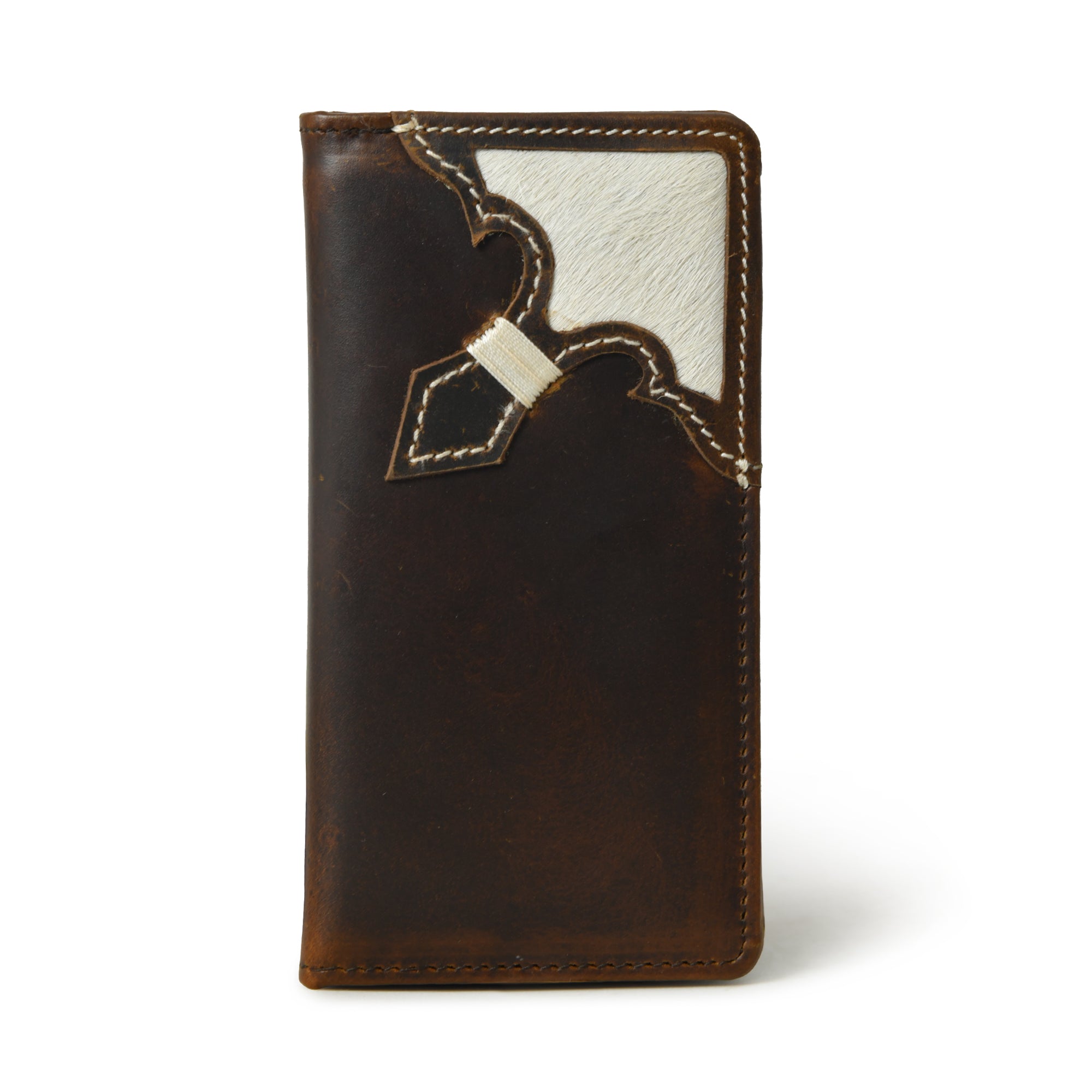 Stylish brown leather bifold wallet for men, featuring a white accent and stitching detail.