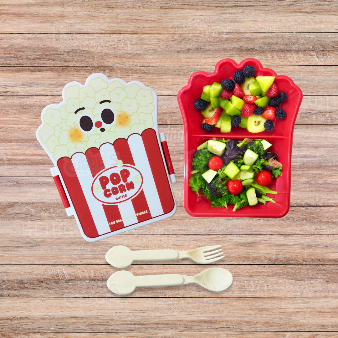 Cute Fast Food Design Plastic Lunch Box for Kids with Spoon and Fork (Popcorn)