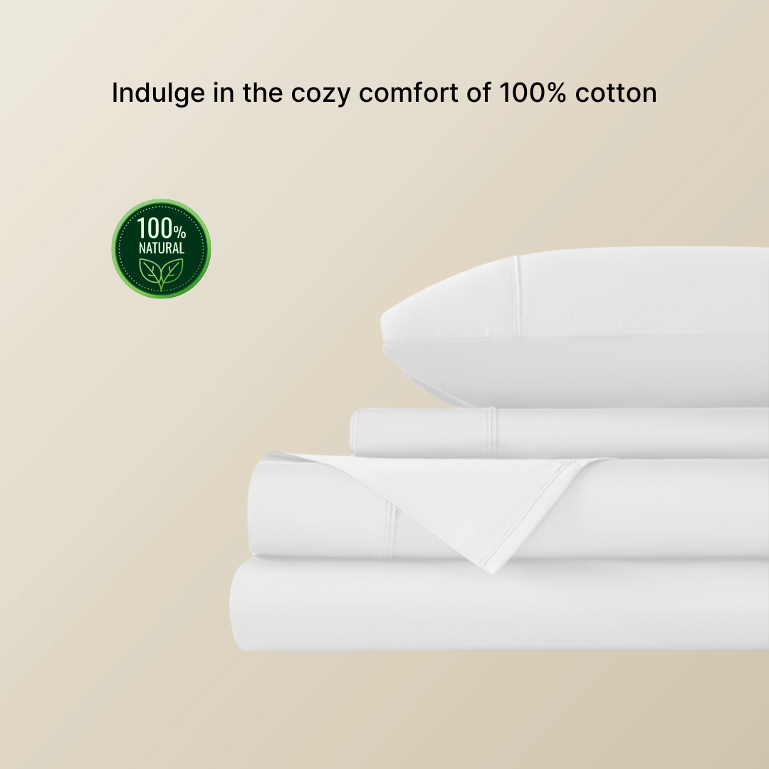 Crisp white, 100% Egyptian cotton king size bedsheet set with two pillowcases, neatly folded and ready for a restful night's sleep.