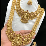 Traditional Temple Lakshmi Design Gold-Plated Bridal Necklace Set, Jhumka Earrings | South Indian Wedding Jewelry, Traditional Indian Wedding Jewelry (Set of 2)