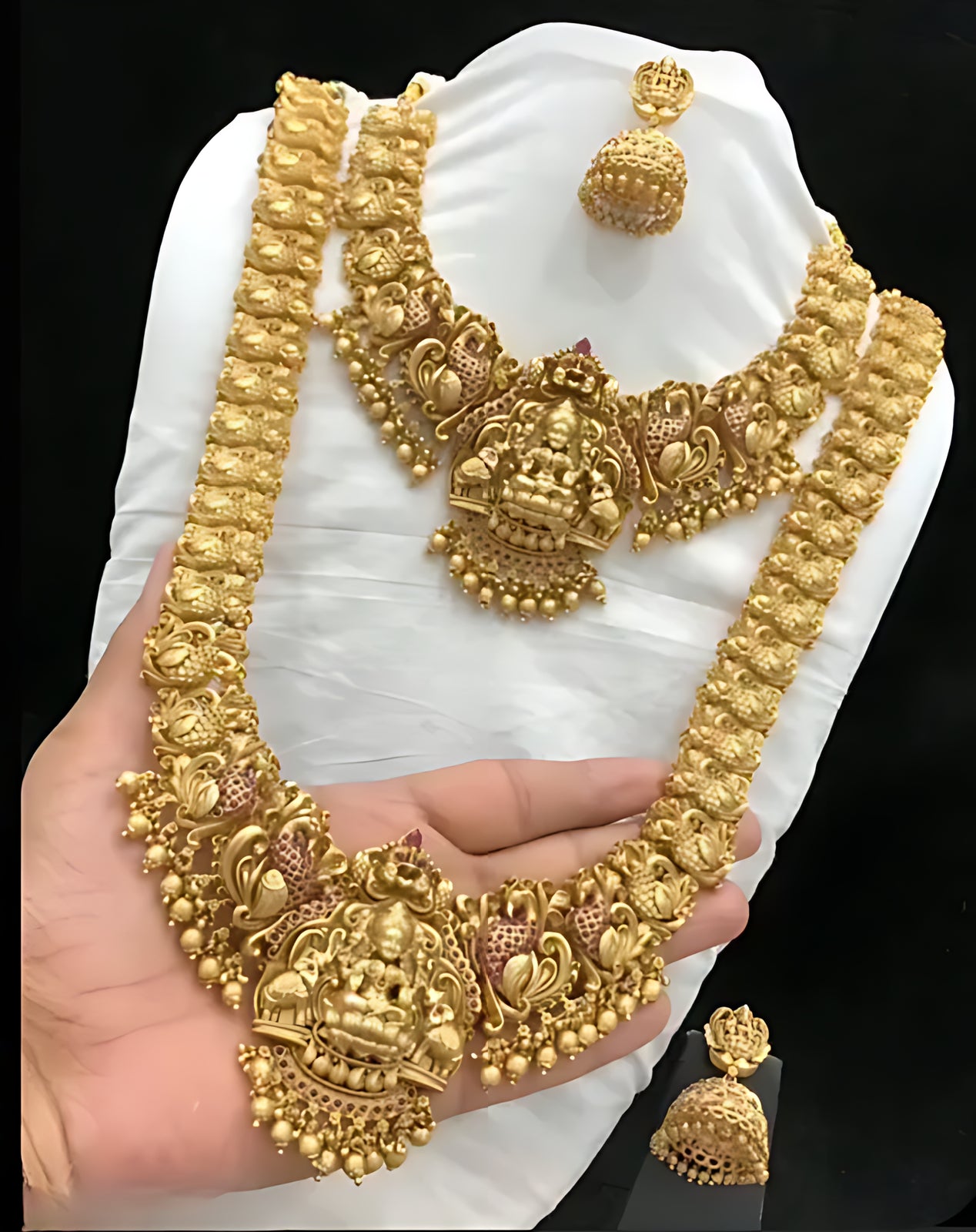 Traditional Temple Lakshmi Design Gold-Plated Bridal Necklace Set, Jhumka Earrings | South Indian Wedding Jewelry, Traditional Indian Wedding Jewelry (Set of 2)