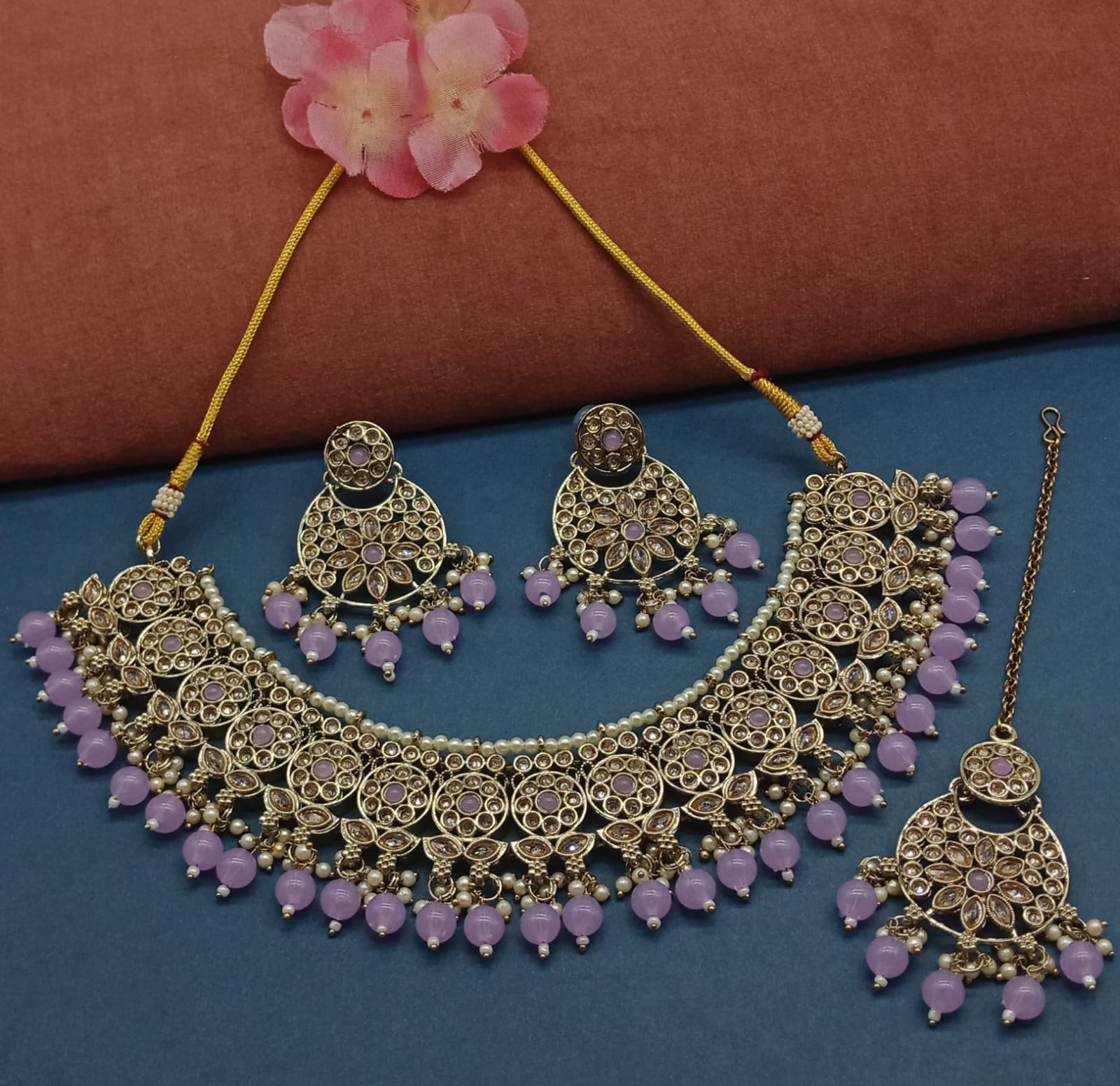 Elegant Purple and Gold Kundan Choker Necklace Set, Earrings and Maang Tikka, Traditional Indian Wedding Jewelry (Set of 2)