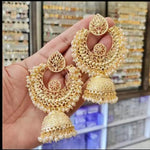 Luxurious Gold-Plated Filigree Jhumka Earrings, Pearl Embellishments, Traditional Indian Wedding Jewelry (Set of 1)