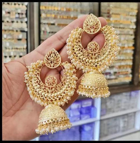 Luxurious Gold-Plated Filigree Jhumka Earrings, Pearl Embellishments, Traditional Indian Wedding Jewelry (Set of 1)