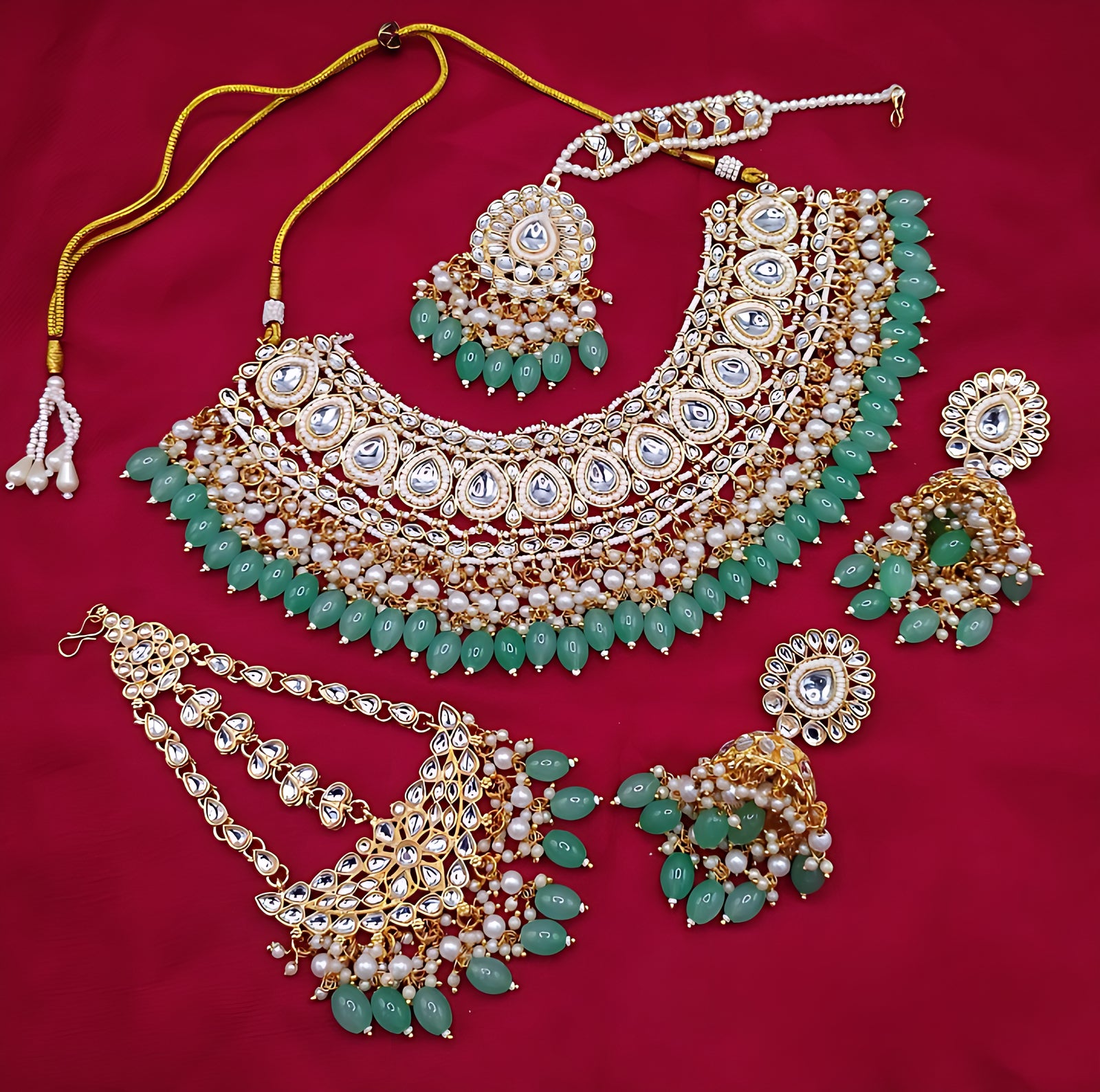 Luxurious Mint Color Kundan Bridal Necklace Set, Maang Tikka and Earrings, Traditional Indian Wedding Jewelry (Set of 3)