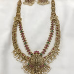 Exquisite Gold-Plated Bridal Necklace and Earrings Set, Ruby and Emerald Accents, Traditional Indian Wedding Jewelry (Set of 2)