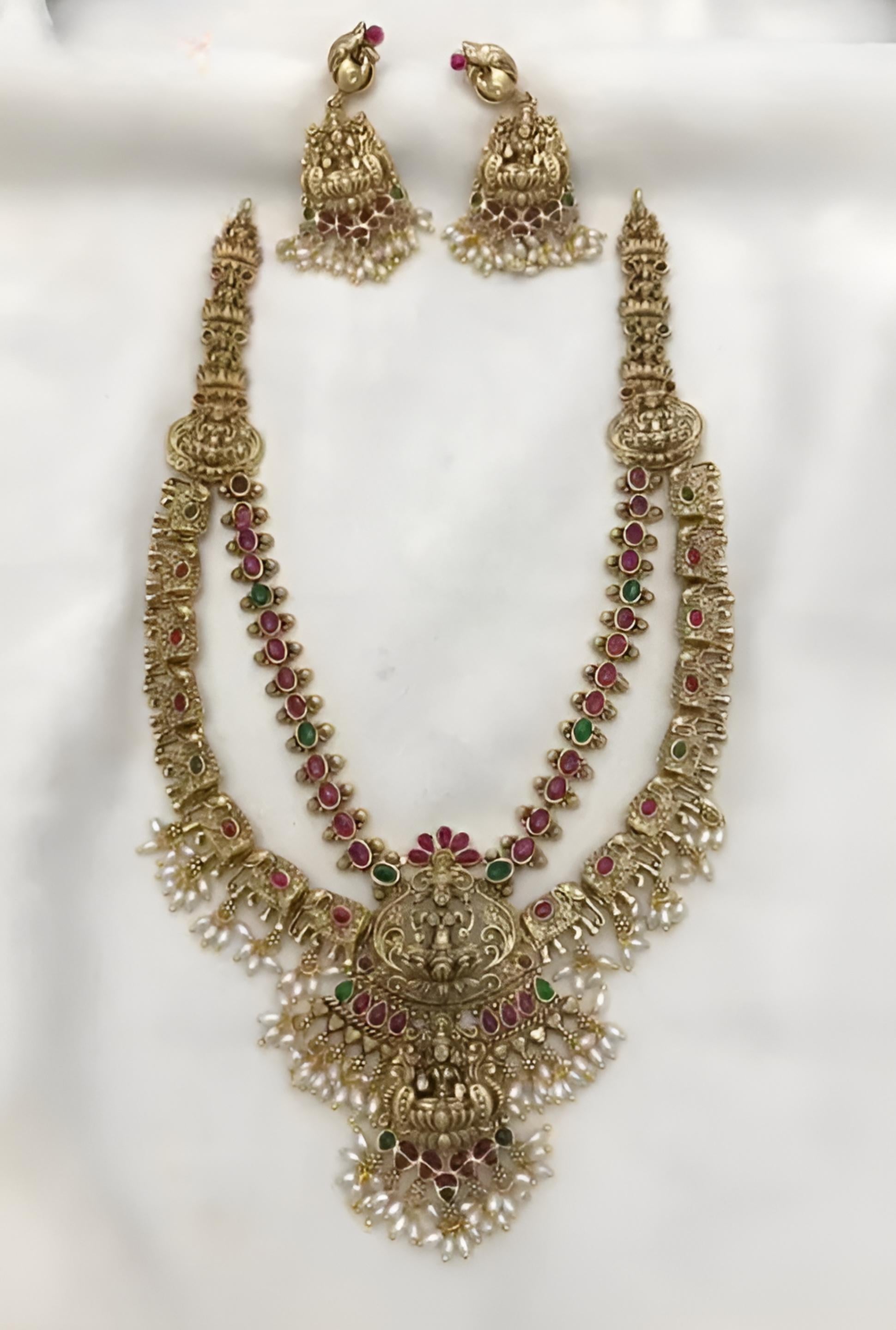 Exquisite Gold-Plated Bridal Necklace and Earrings Set, Ruby and Emerald Accents, Traditional Indian Wedding Jewelry (Set of 2)