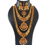 Traditional Gold-Plated Long Necklace Set, Earrings – Handcrafted Ethnic Bridal Jewelry for Weddings & Festival, Traditional Indian Wedding Jewelry (Set of 3)