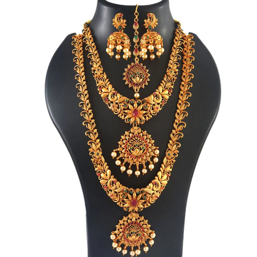 Traditional Gold-Plated Long Necklace Set, Earrings â€“ Handcrafted Ethnic Bridal Jewelry for Weddings & Festival, Traditional Indian Wedding Jewelry (Set of 3)