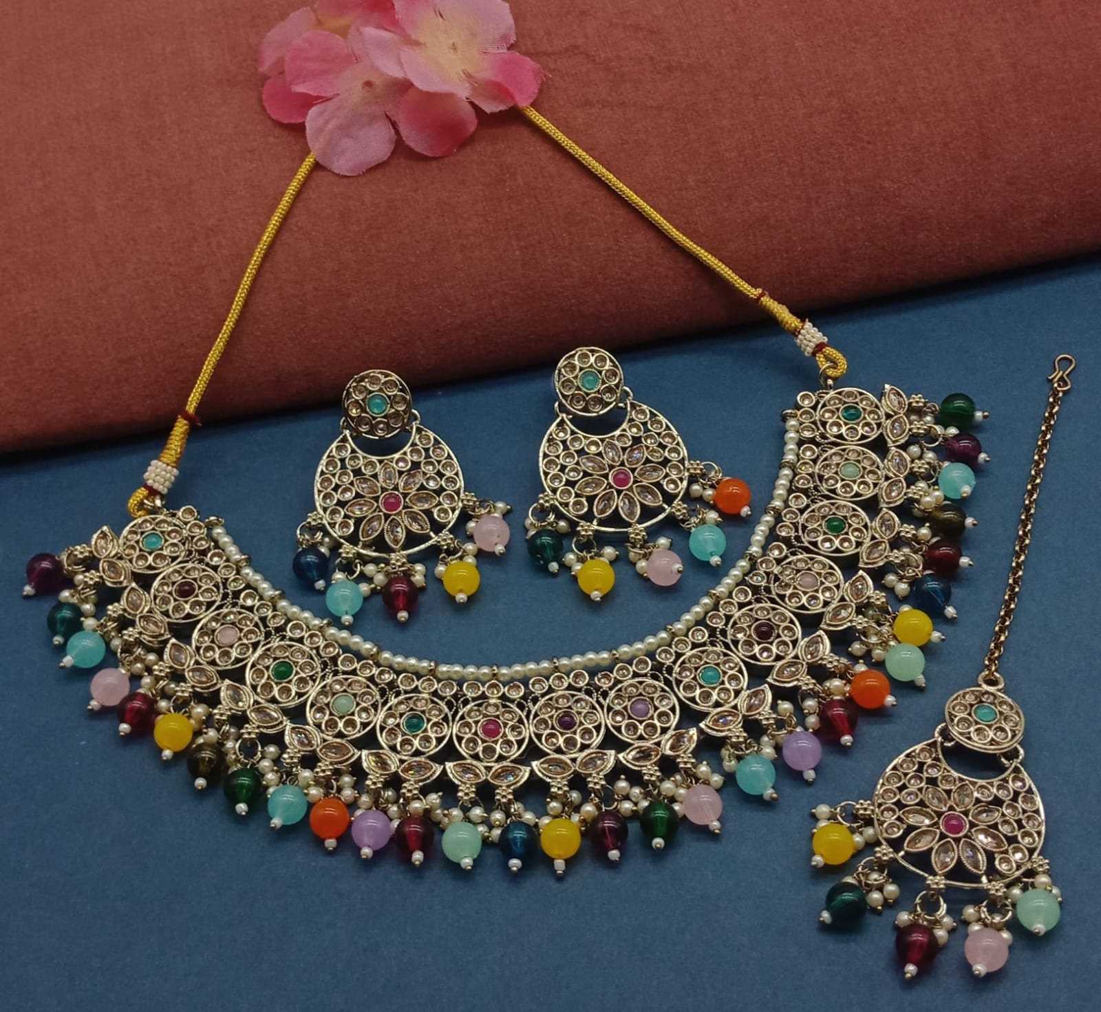 Elegant Multicolor Tone and Gold Kundan Choker Set, Earrings and Maang Tikka, Traditional Indian Wedding Jewelry (Set of 2)