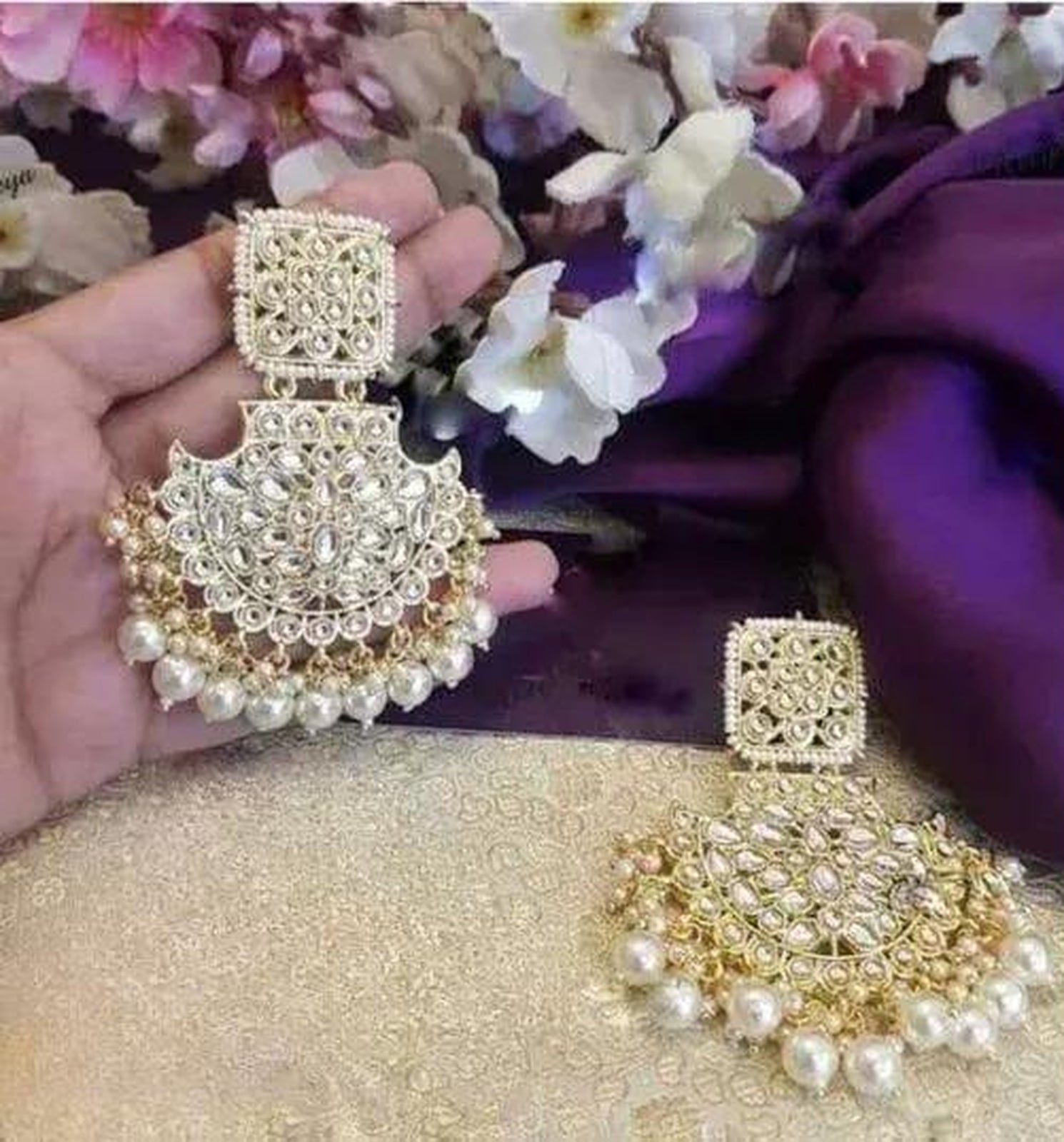 Exquisite Kundan Chandbali Earrings, Pearl Drops - Bridal Jewelry Set, Traditional Indian Wedding Jewelry (Set of 1)