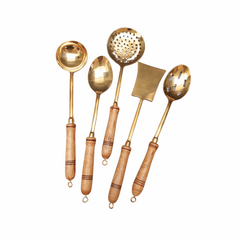 Brass Ladle Set with Wooden Handles | Handcrafted Kitchen Tools for Cooking and Serving | (Set of 5)