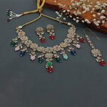 Exquisite Floral Kundan Necklace Set, Teal Drops and Matching Earrings, Traditional Indian Wedding Jewelry (Set of 2)