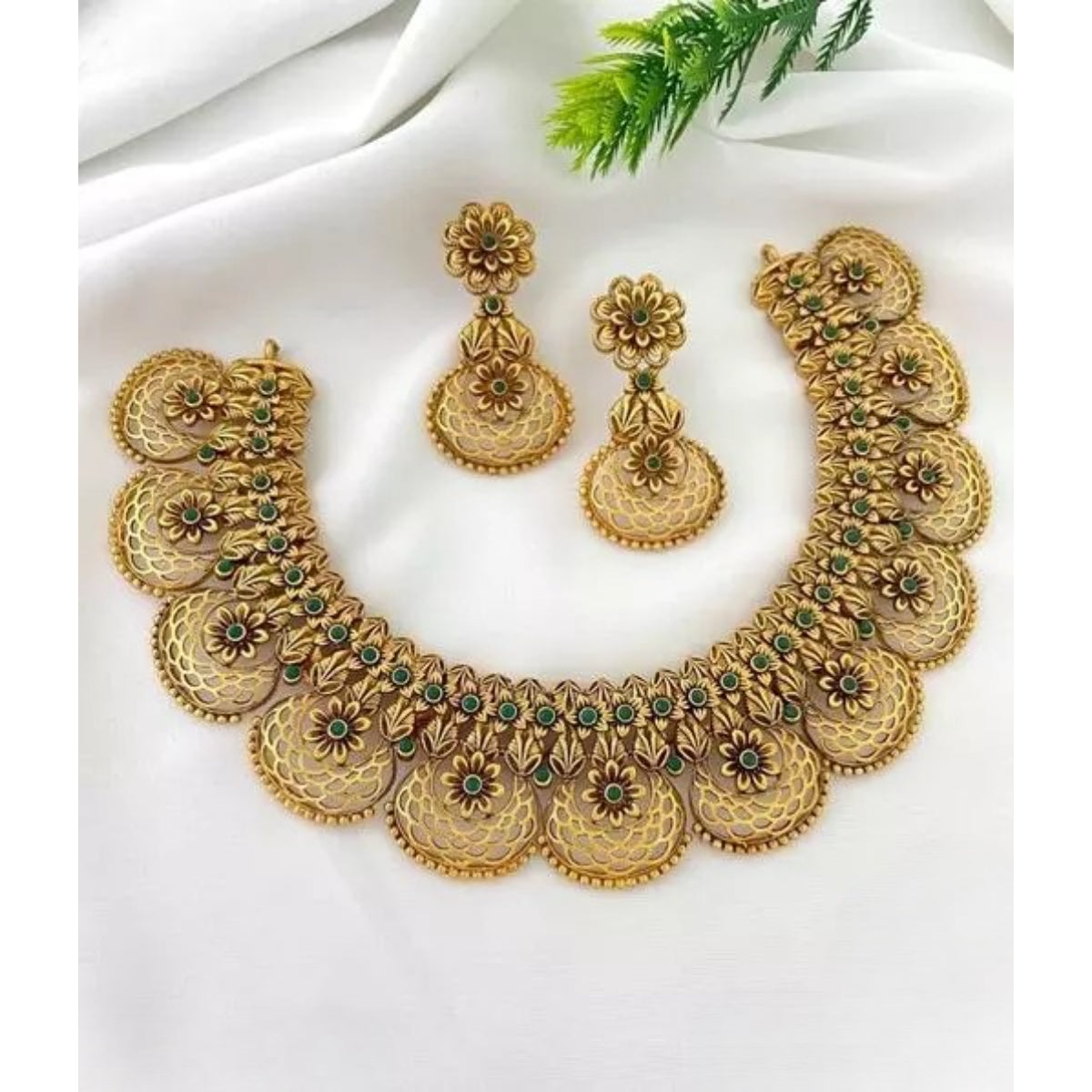 Antique Gold Floral Coin Necklace Set - Traditional South Indian Temple Jewelry Collection, Indian Wedding Jewelry (Set of 2)