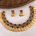 Gold-Tone Coin Necklace Set, Emerald and Ruby Gemstones, Traditional Indian Wedding Jewelry (Set of 2)