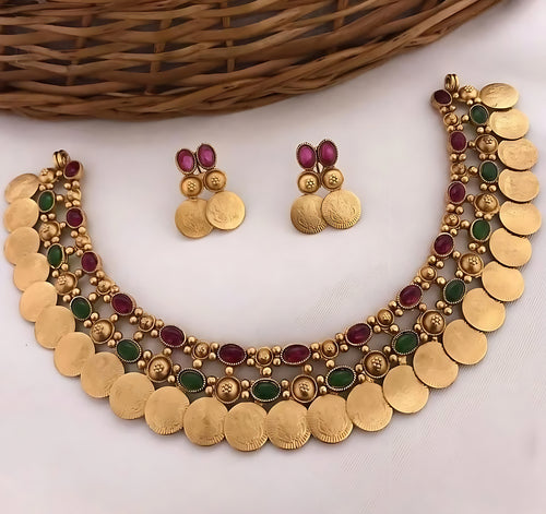 Gold-Tone Coin Necklace Set, Emerald and Ruby Gemstones, Traditional Indian Wedding Jewelry (Set of 2)