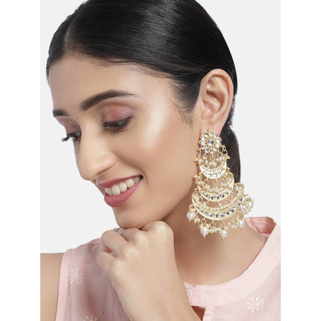 Elegant Pearl Chandelier Earrings Traditional Gold-Plated Indian Wedding Jewelry, Traditional Indian Wedding Jewelry (Set of 1)