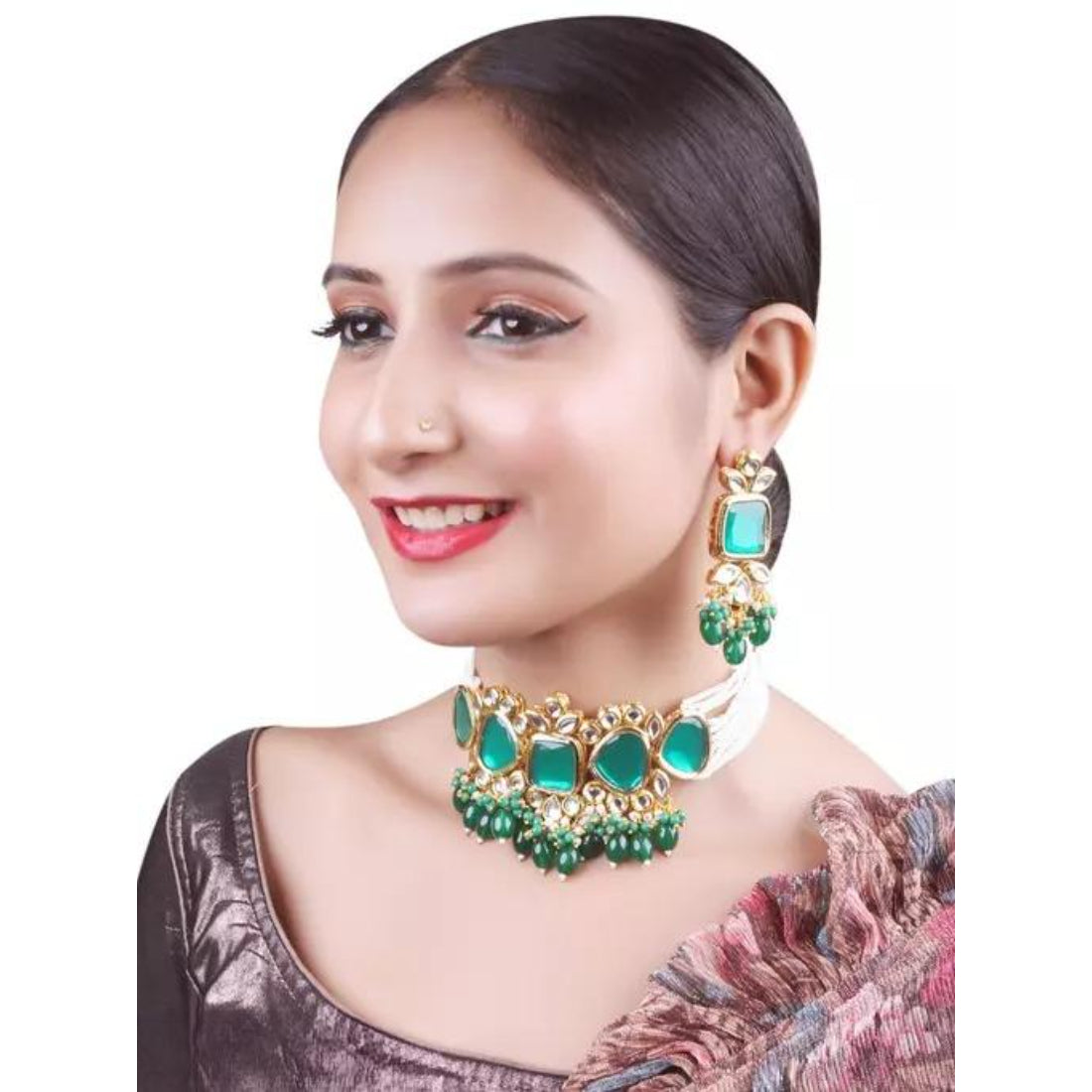 Elegant Green and Gold Indian Kundan Choker Necklace and Earring Set, Traditional Indian Wedding Jewelry (Set of 2)