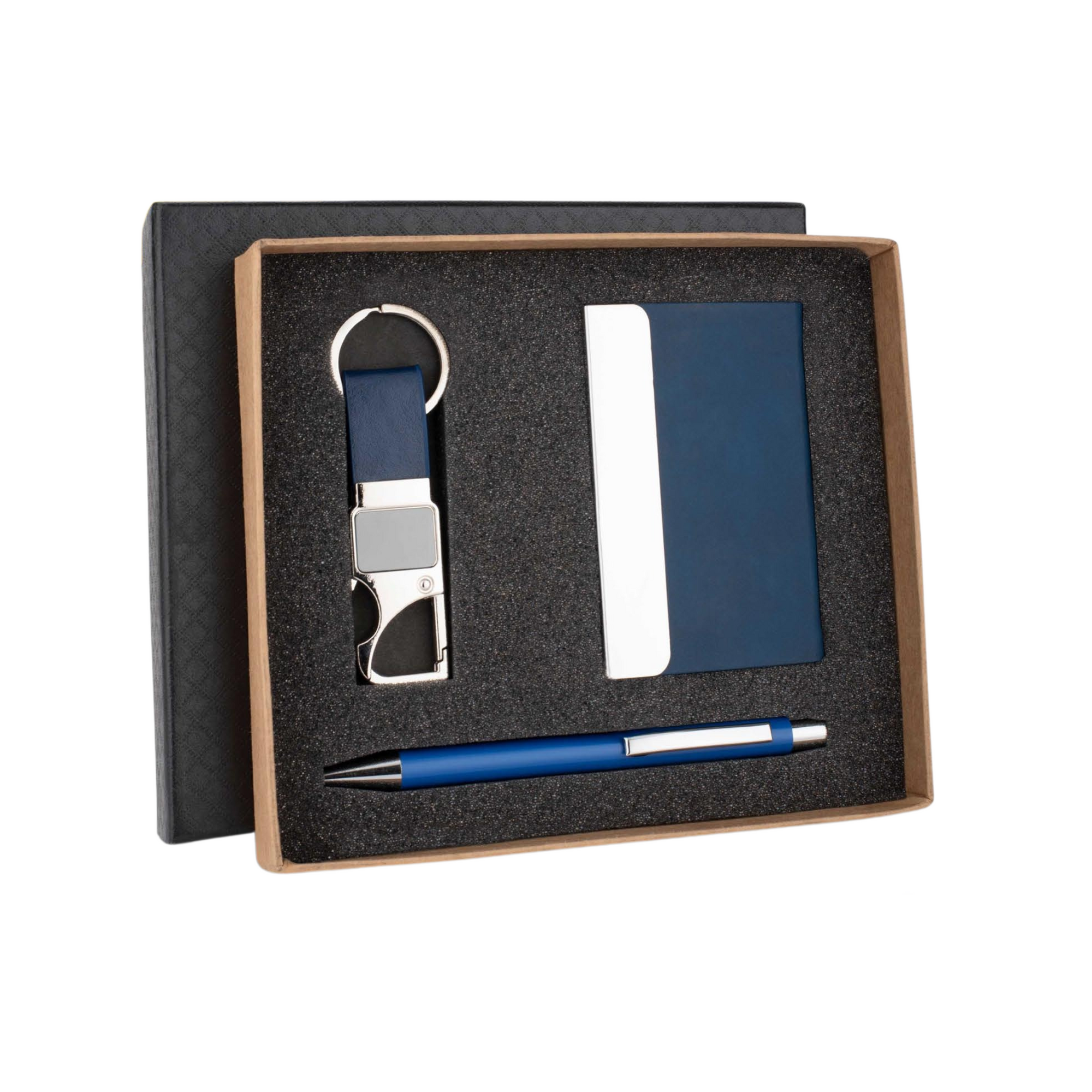 Premium Corporate Gift Set with Metal Pen, Card Holder & Keychain | 3-in-1 Custom Business Gift Set with Blue PU Leather