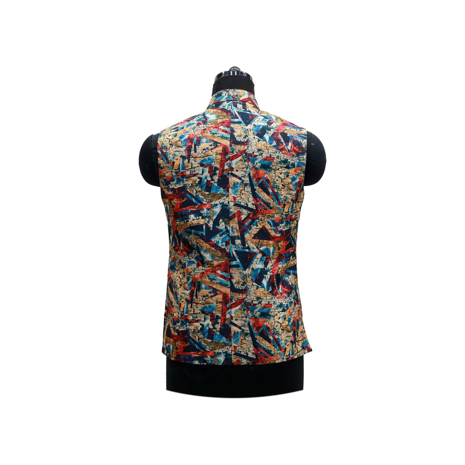 Handmade men's Nehru jacket with a colorful abstract pattern, shown on a mannequin. Perfect for parties or ethnic events.