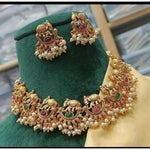 Exquisite Elephant Motif Gold Necklace Set, Pearl Accents - Traditional Indian Jewelry, Traditional Indian Wedding Jewelry (Set of 2)