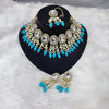 Elegant Kundan Pearl Necklace Set, Turquoise Drops and Matching Tikka, Traditional Indian Wedding Jewelry (Set of 2)