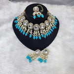 Elegant Kundan Pearl Necklace Set, Turquoise Drops and Matching Tikka, Traditional Indian Wedding Jewelry (Set of 2)