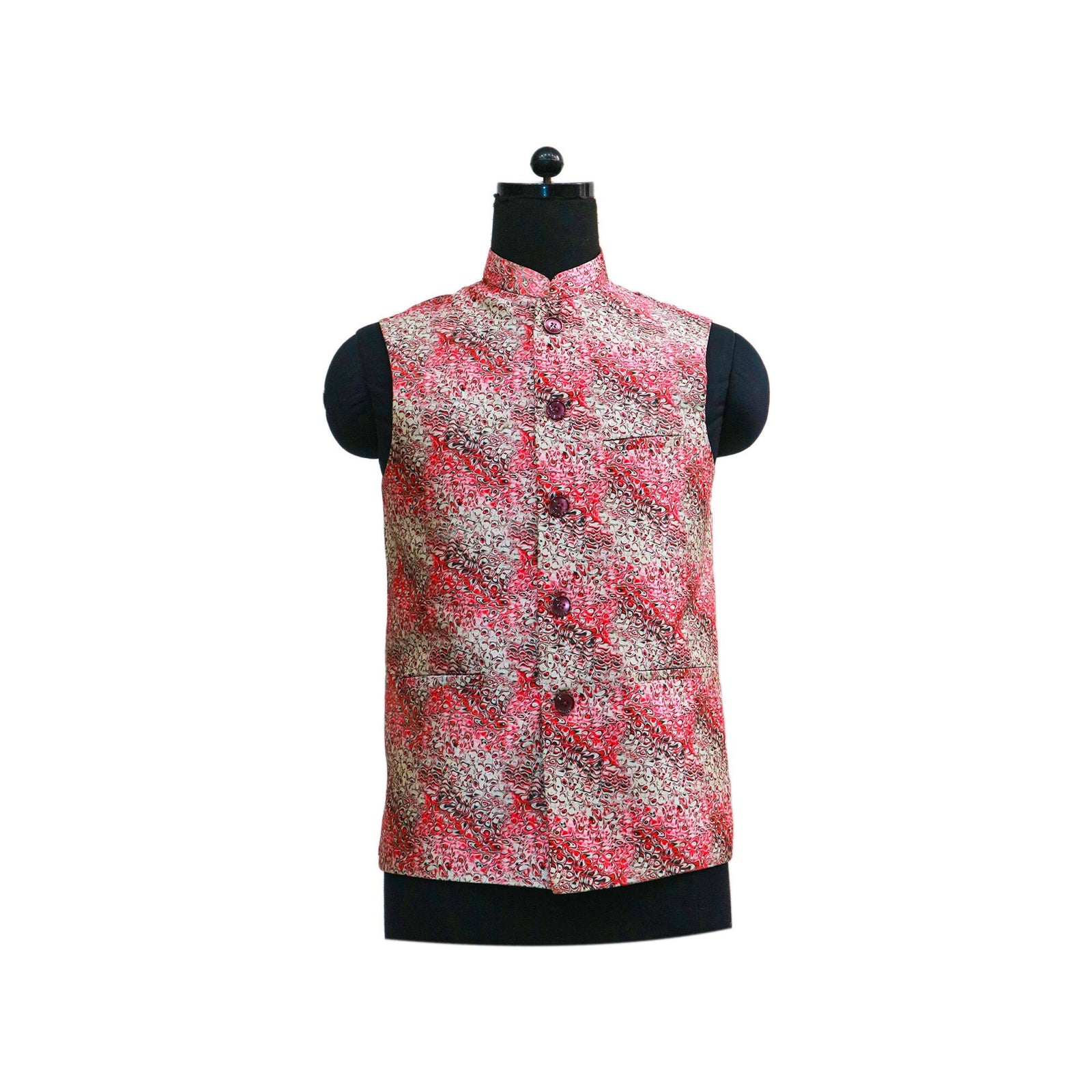 Handmade red and white floral Nehru jacket, an elegant ethnic party wear vest for men.