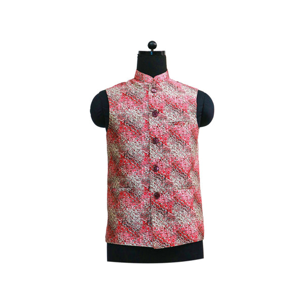 Pink Digital Print Nehru Jacket with Front Pockets | Artistic Sleeveless Vest for Festive and Casual Wear